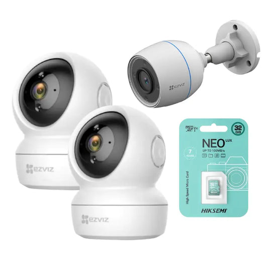 Kit 3 cámaras EZVIZ interior exterior (2 movimiento int 2MP + 1 fija ext 2MP) con 3 micro SD 32GB