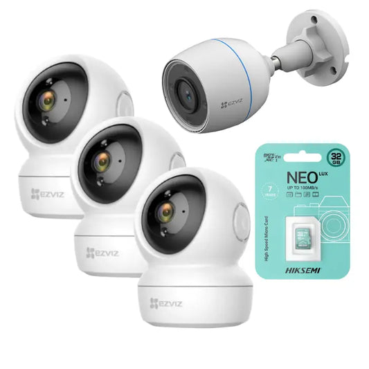 Kit 4 cámaras EZVIZ interior exterior (3 movimiento int 2MP + 1 fija ext 2MP) con 4 micro SD 32GB