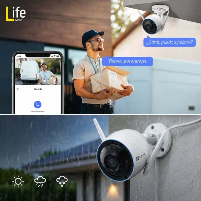 Cámara de seguridad 3MP fija wifi lente gran angular 108° EZVIZ hasta 512gb exteriores IA personas y autos aluminio