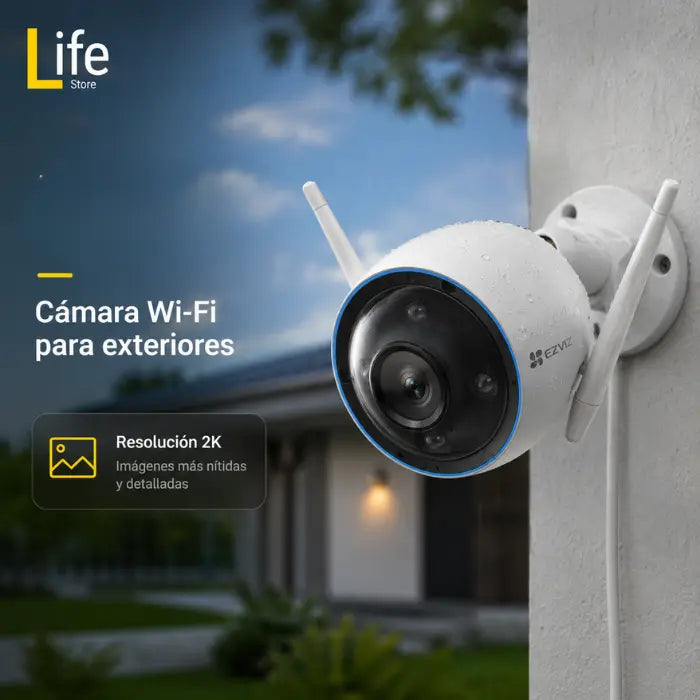 Cámara de seguridad 3MP fija wifi lente gran angular 108° EZVIZ hasta 512gb exteriores IA personas y autos aluminio