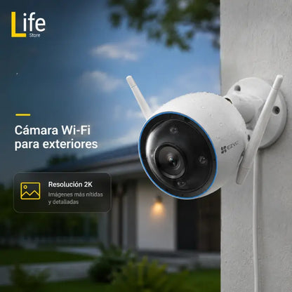 Cámara de seguridad 3MP fija wifi lente gran angular 108° EZVIZ hasta 512gb exteriores IA personas y autos aluminio