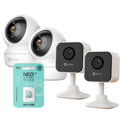 Kit 4 cámaras EZVIZ interiores (2 movimiento 2MP + 2 fijas 2MP) con 4 micro SD 32GB