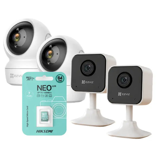 Kit 4 cámaras EZVIZ interiores (2 movimiento 2MP + 2 fijas 2MP) con 4 micro SD 64GB