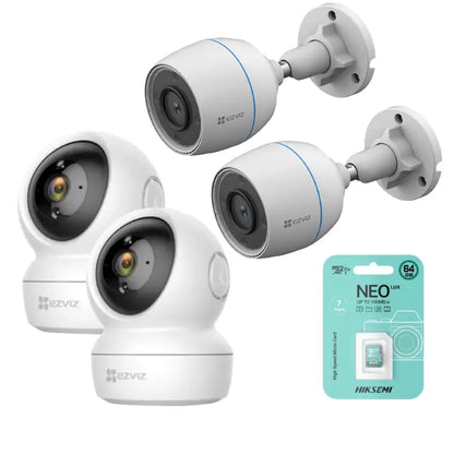 Kit 4 cámaras EZVIZ interior exterior (2 movimiento int 2MP + 2 fijas ext 2MP) con 4 micro SD 64GB