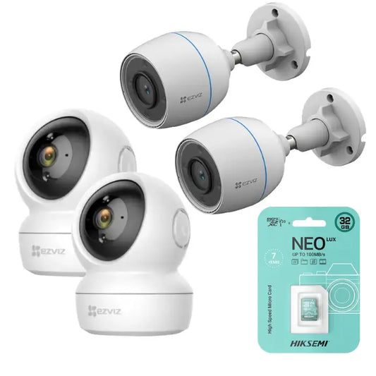 Kit 4 cámaras EZVIZ interior exterior (2 movimiento int 2MP + 2 fijas ext 2MP) con 4 micro SD 32GB